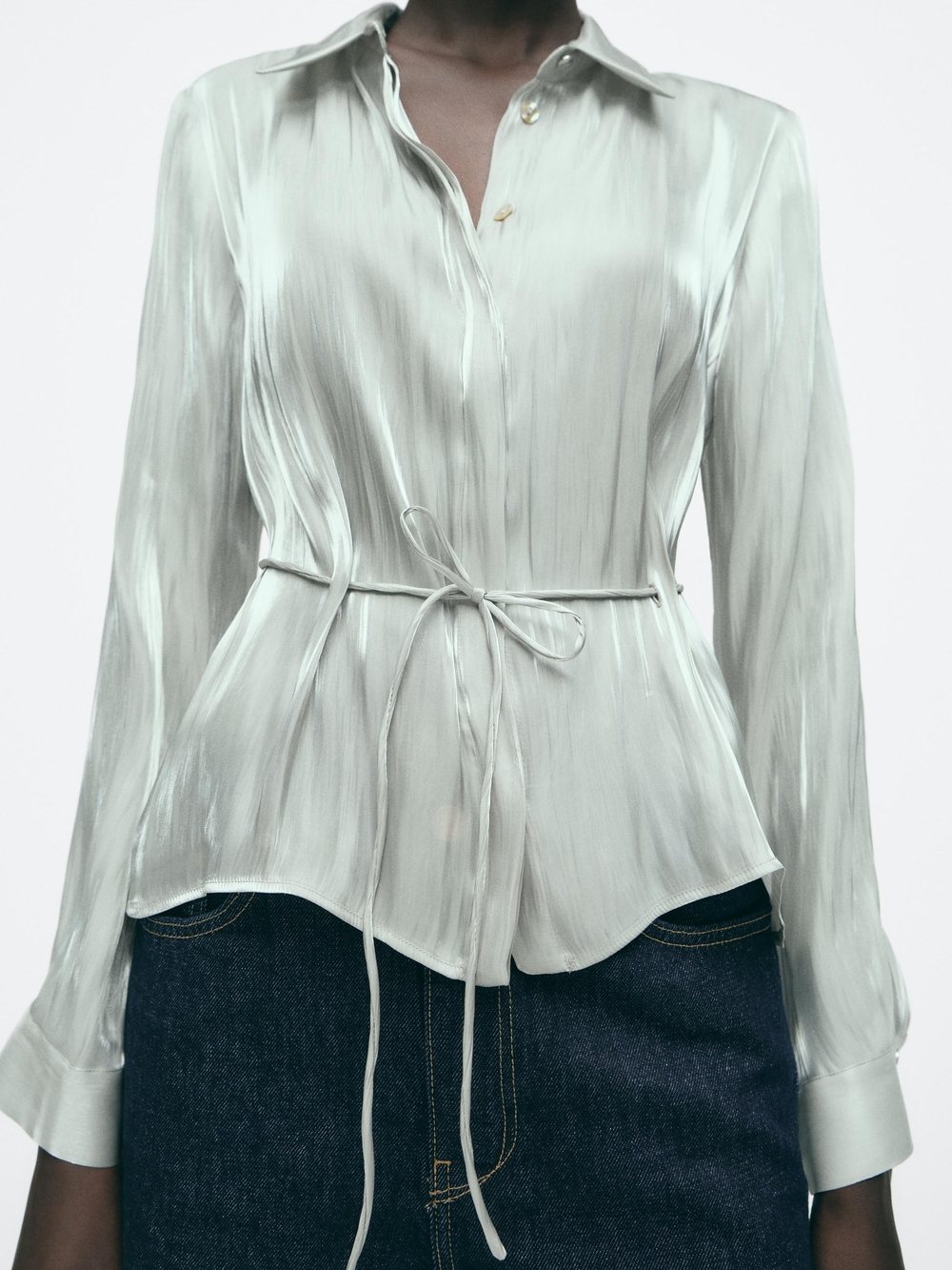 Zara Silver Satin Tie-Waist Button-Down Blouse NWT
